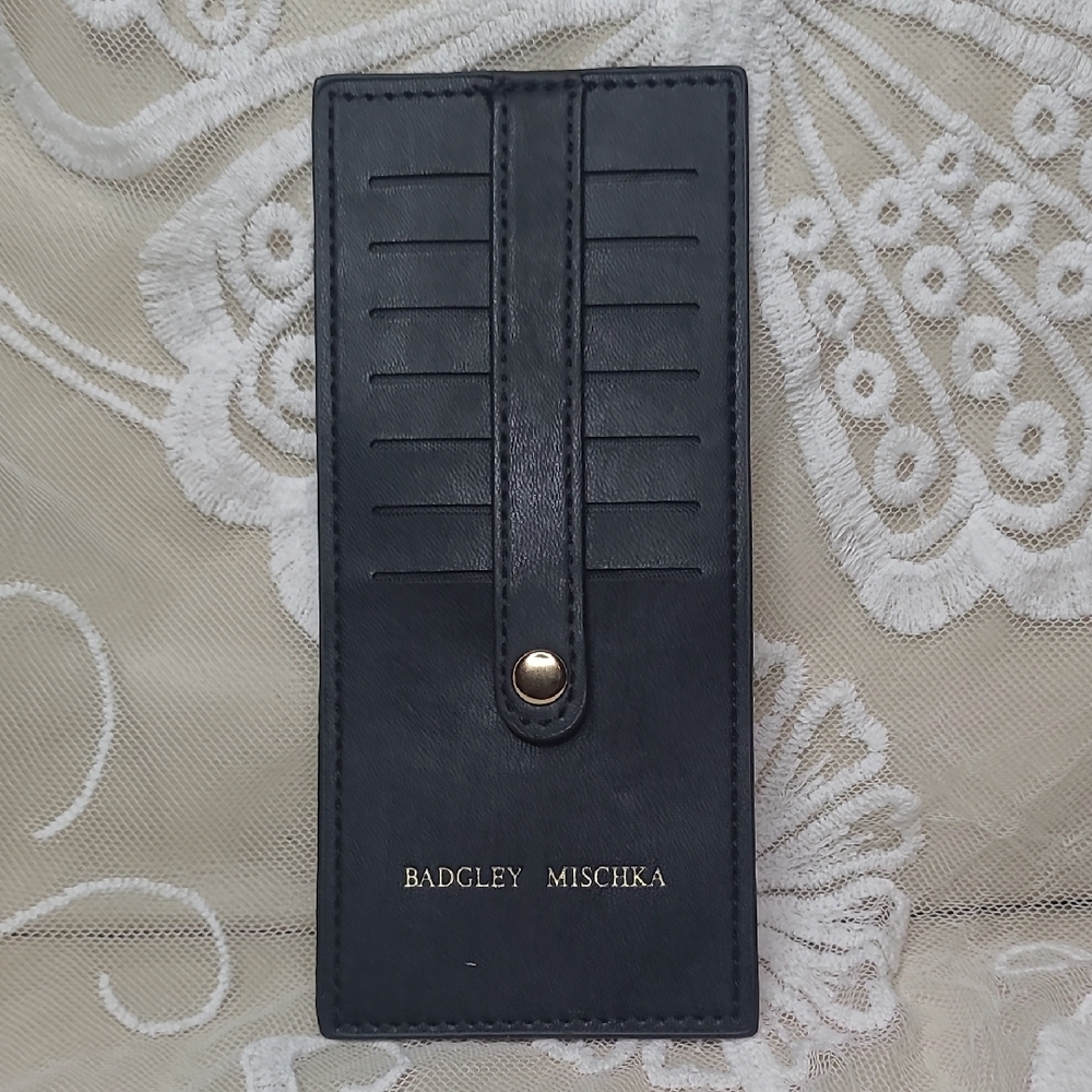 Badgley Mischka Black Leather Vertical Card Organizer with Gold Accent